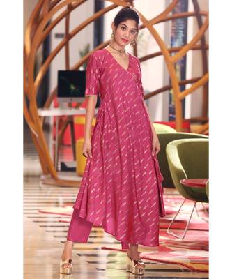 Dark Pink Angrakha Style Kurta With Straight Pants 1