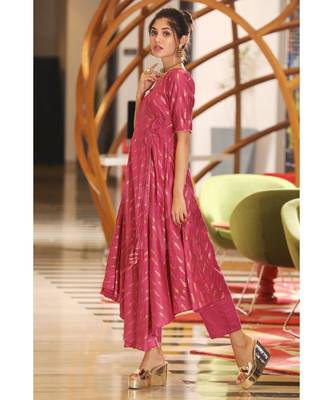 Dark Pink Angrakha Style Kurta With Straight Pants 2