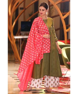 OLIVE KURTA, orange DUPATTA & WHITE PALAZZO SET 1
