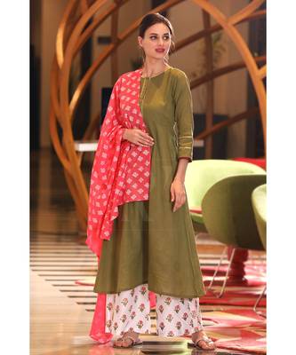 OLIVE KURTA, orange DUPATTA & WHITE PALAZZO SET 2