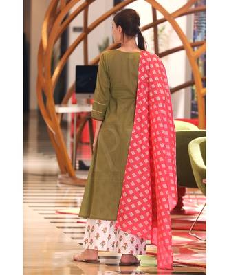 OLIVE KURTA, orange DUPATTA & WHITE PALAZZO SET 3