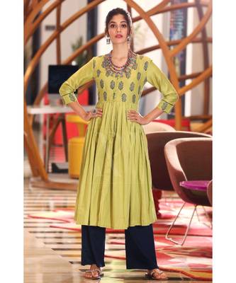 Olive Printed Yoke Kurta With Palazzo 1