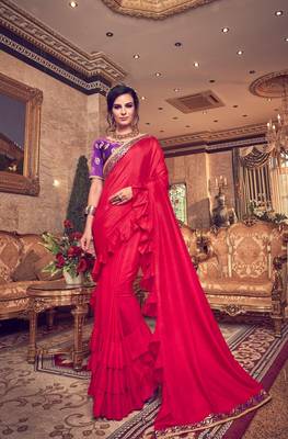 Red plain poly silk saree with blouse 1