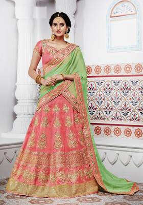 Peach Embroidery Silk Blend Lehenga 1