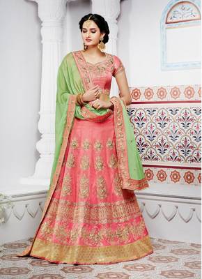 Peach Embroidery Silk Blend Lehenga 3
