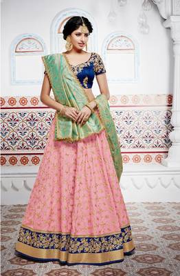 Pink Embroidery Tussar Silk Lehenga 1