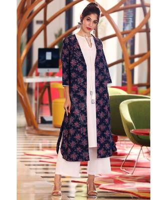 Navy Blossom Jacket With Kurta & Palazzo Set 1