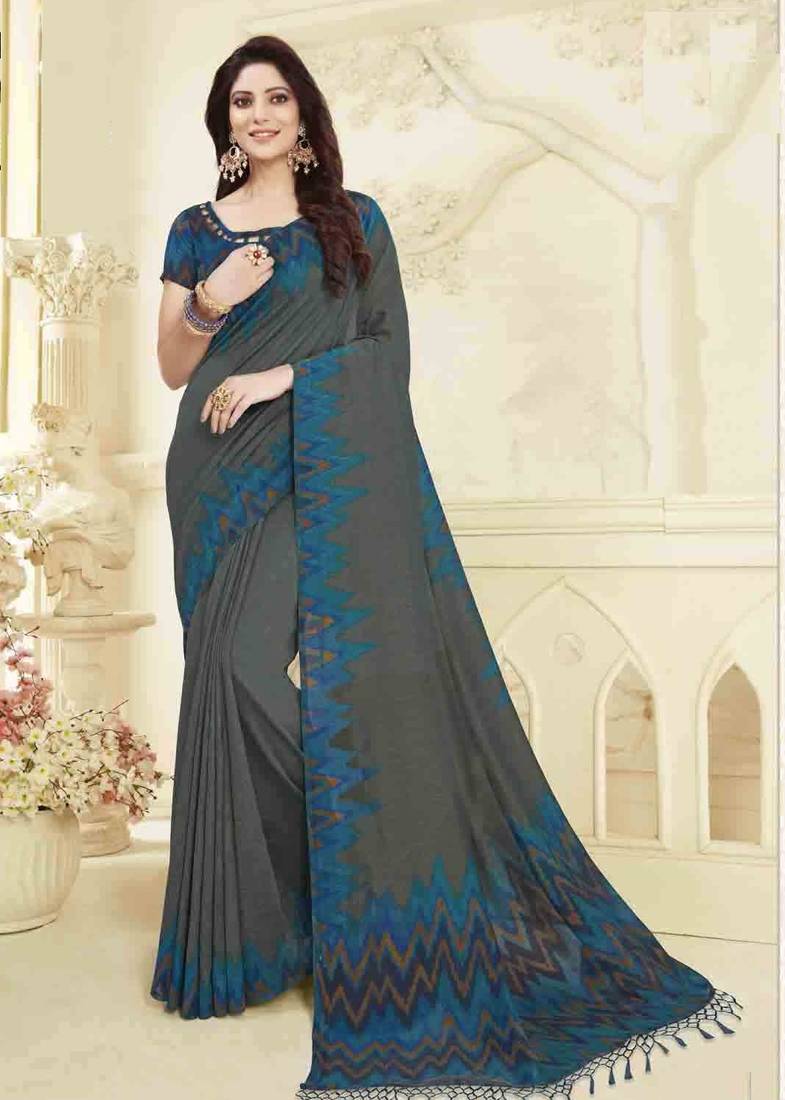grey printed georgette saree with blouse - Vagheshwari Emporium - 3024758