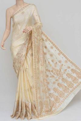 Cream Color Tussar Silk Lucknowi Chikankari saree with blouse 1