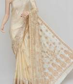 Cream Color Tussar Silk Lucknowi Chikankari saree with blouse