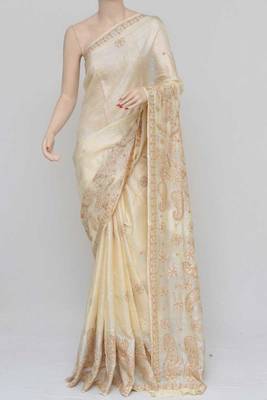 Cream Color Tussar Silk Lucknowi Chikankari saree with blouse 3