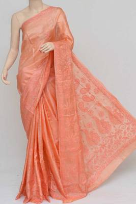 Peach Color Tussar Silk Lucknowi Chikankari saree with blouse 1