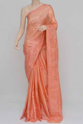 Peach Color Tussar Silk Lucknowi Chikankari saree with blouse 3