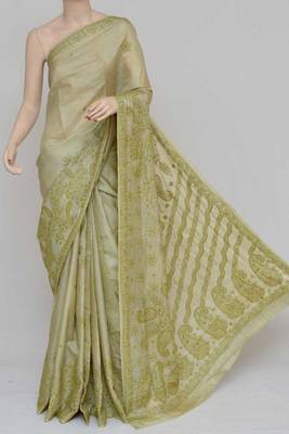 Green Color Tussar Silk Lucknowi Chikankari saree with blouse 1