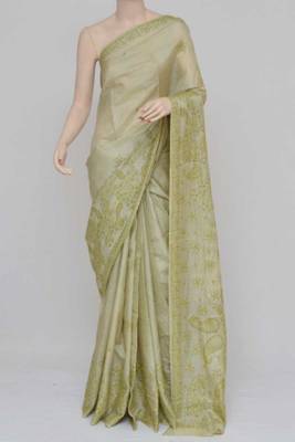 Green Color Tussar Silk Lucknowi Chikankari saree with blouse 3