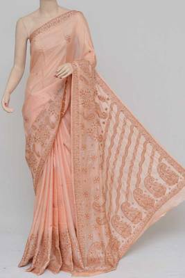 Light-Peach Color Tussar Silk Lucknowi Chikankari saree with blouse 1