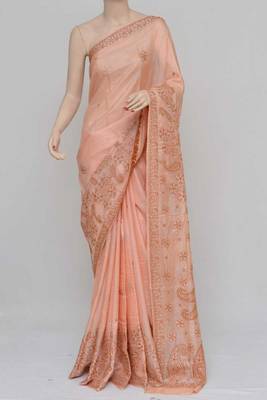 Light-Peach Color Tussar Silk Lucknowi Chikankari saree with blouse 3