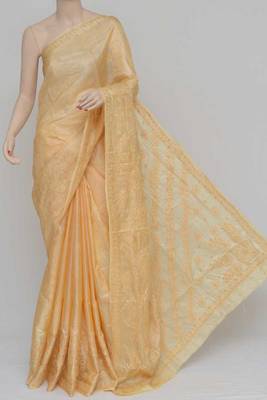 Light-Yellow Color Tussar Silk Lucknowi Chikankari saree with blouse 1