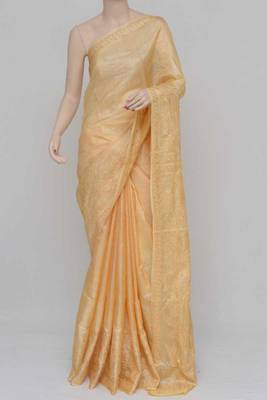 Light-Yellow Color Tussar Silk Lucknowi Chikankari saree with blouse 3