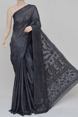 Carbon-Black Color Tussar Silk Lucknowi Chikankari saree with blouse 1