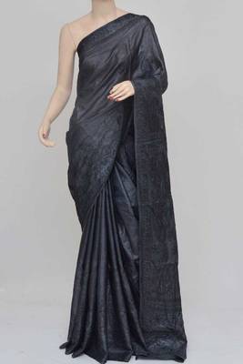 Carbon-Black Color Tussar Silk Lucknowi Chikankari saree with blouse 3