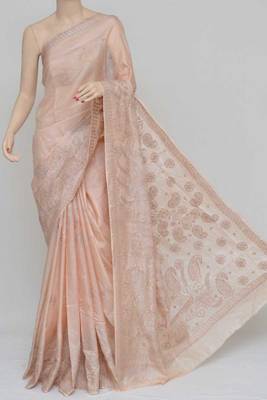 Light-Almond Color Tussar Silk Lucknowi Chikankari saree with blouse 1