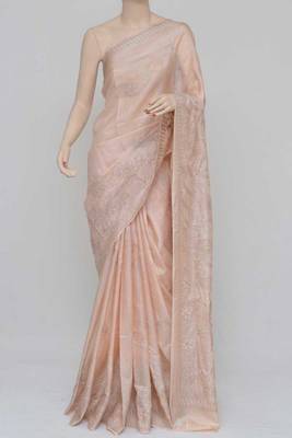 Light-Almond Color Tussar Silk Lucknowi Chikankari saree with blouse 3