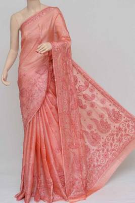 Peach Color Tussar Silk Lucknowi Chikankari saree with blouse 1