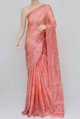 Peach Color Tussar Silk Lucknowi Chikankari saree with blouse 3