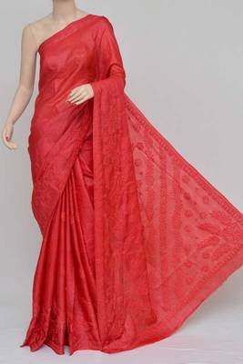 Red Color Tussar Silk Lucknowi Chikankari saree with blouse 1