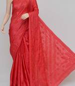 Red Color Tussar Silk Lucknowi Chikankari saree with blouse