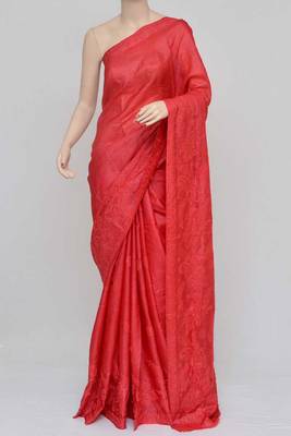 Red Color Tussar Silk Lucknowi Chikankari saree with blouse 3