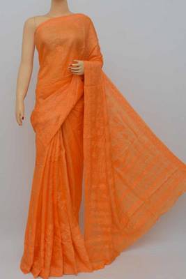 Orange Color Tussar Silk Lucknowi Chikankari saree with blouse 1