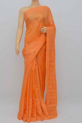 Orange Color Tussar Silk Lucknowi Chikankari saree with blouse 3