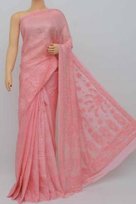 Peach Color Tusser Silk Lucknowi Chikankari saree with blouse 1