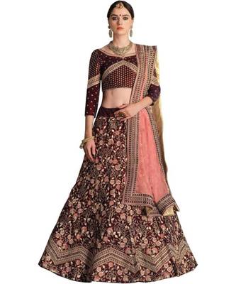 Maroon Embroidered Silk Bledn Semi Stitched Lehenga 1
