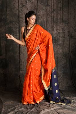 Orange Blended Zari Buti Cotton Saree With Nevy Blue Zari Worked Pallu 1