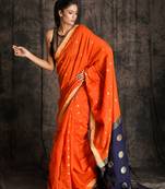 Orange Blended Zari Buti Cotton Saree With Nevy Blue Zari Worked Pallu