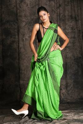 Emerald Green With Black Check Cotton Saree 1