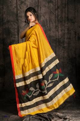 Mellow Yellow Blended Cotton Saree With Woven Design In Pallu 1