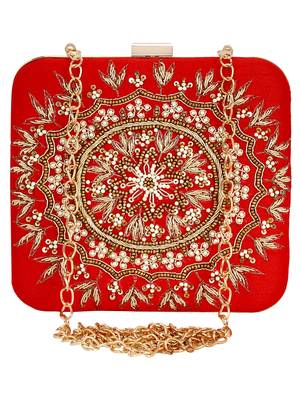 Red Vista Zari Embroidered & Embelished Square Clutch Bag 1