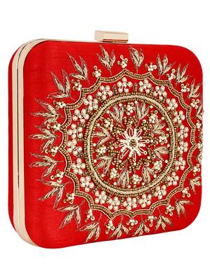Red Vista Zari Embroidered & Embelished Square Clutch Bag 2