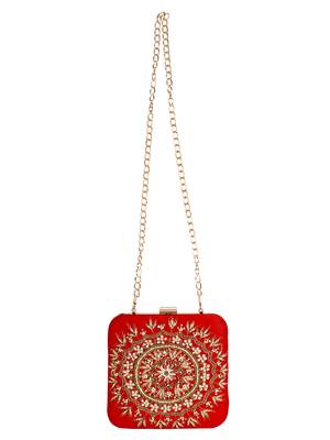Red Vista Zari Embroidered & Embelished Square Clutch Bag 4