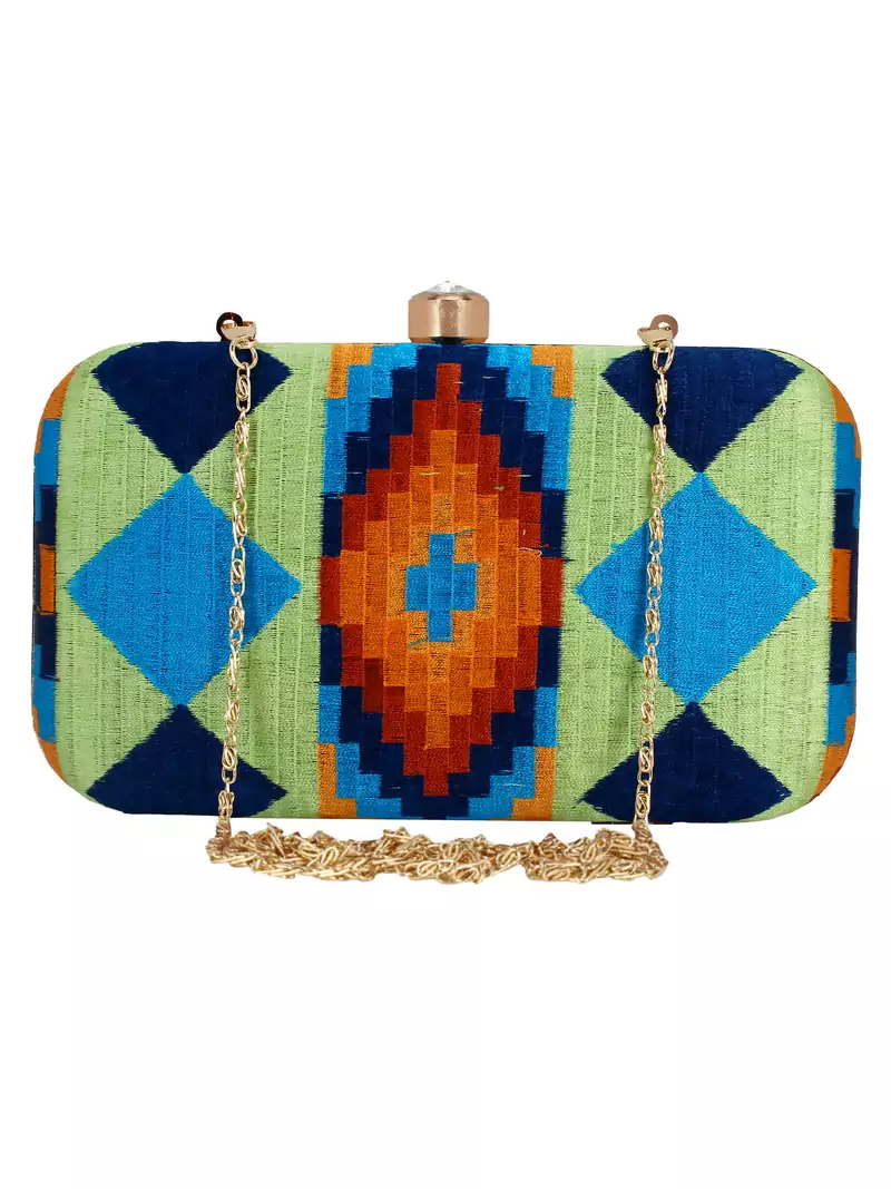 Green & Multicolour Hyperbole Embroidered Clutch