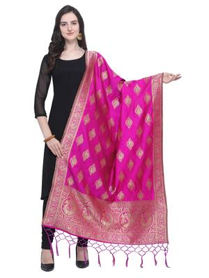 Pink Poly Silk Banarasi Womens Dupatta 1