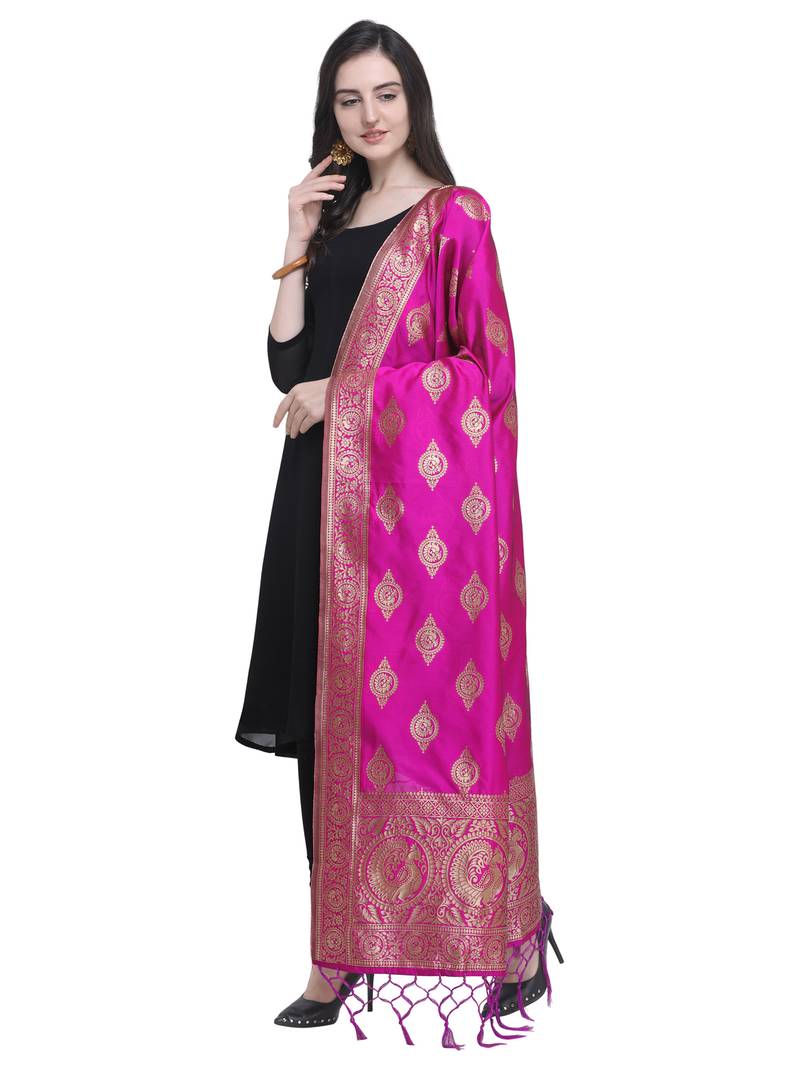 Pink Poly Silk Banarasi Womens Dupatta