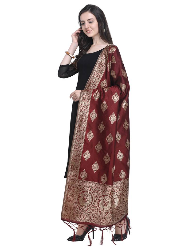 Maroon Poly Silk Banarasi Womens Dupatta