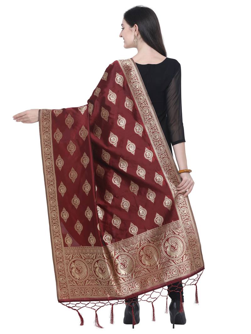 Maroon Poly Silk Banarasi Womens Dupatta