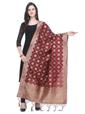 Maroon Poly Silk Banarasi Womens Dupatta 1