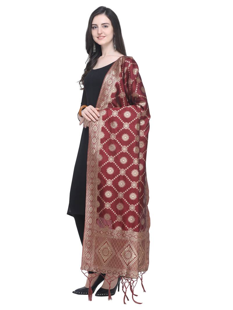 Maroon Poly Silk Banarasi Womens Dupatta